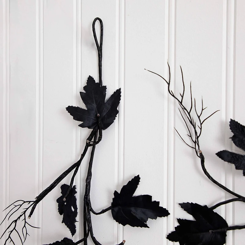 6.5ft. Pre-Lit Artificial Halloween Black Maple Garland with 48 Orange & Purple LED Lights