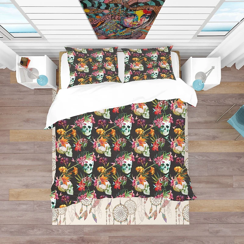 Designart 'Skull and Flowers' Bohemian & Eclectic Bedding Set