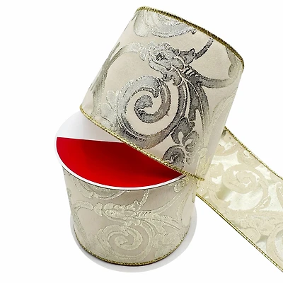 3.5" x 15ft. Silver Jacquard Scroll Wired Ribbon by Celebrate It®