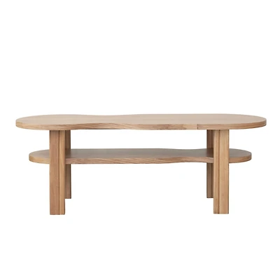 Hello Honey® Natural Oak Wood Veneer and Rubberwood Organic Shaped Coffee Table with Shelf