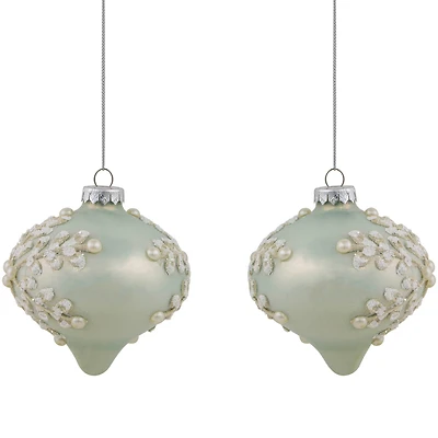 2ct. Pastel Green Icy Snowflakes Glass Onion Ornaments