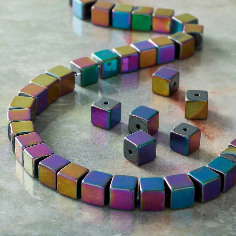 Rainbow Reconstituted Hematite Cube Beads by Bead Landing