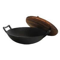 MegaChef 14" Heavy Duty Cast Iron Wok With Wood Lid Set
