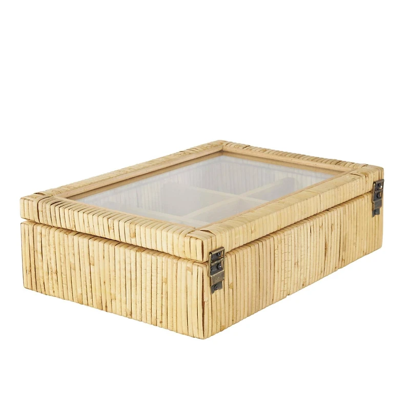 12" x 9" x 4" Brown Hand-Wrapped Rattan 6-Slot Jewelry Box with Tempered Glass Top