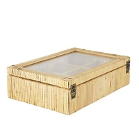 12" x 9" x 4" Brown Hand-Wrapped Rattan 6-Slot Jewelry Box with Tempered Glass Top