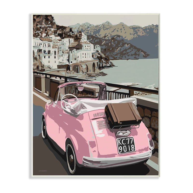 Stupell Industries Pink Car Cliffside Town on Waterfront Road Wall Plaque