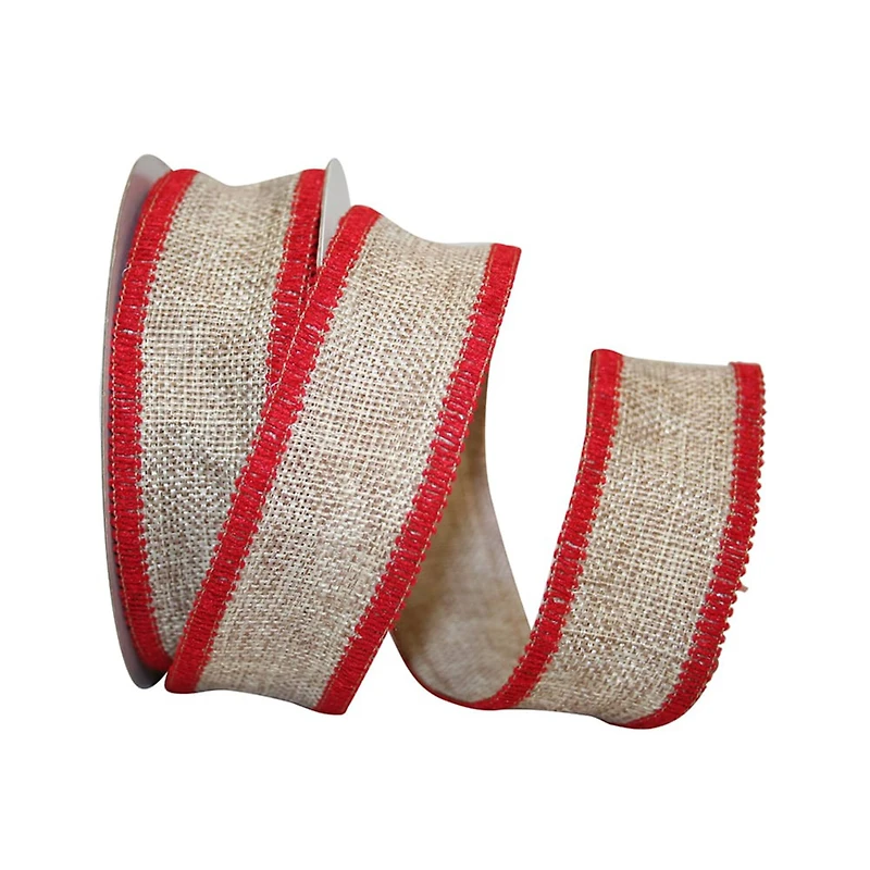 JAM Paper 1.5" x 10yd. Natural Burlap with Red Wired Edge Ribbon