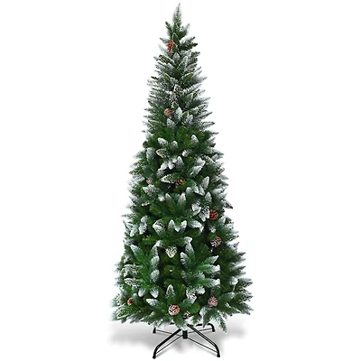 Costway 5ft. Unlit Snow Flocked with Pine Cones Pencil Artificial Christmas Tree