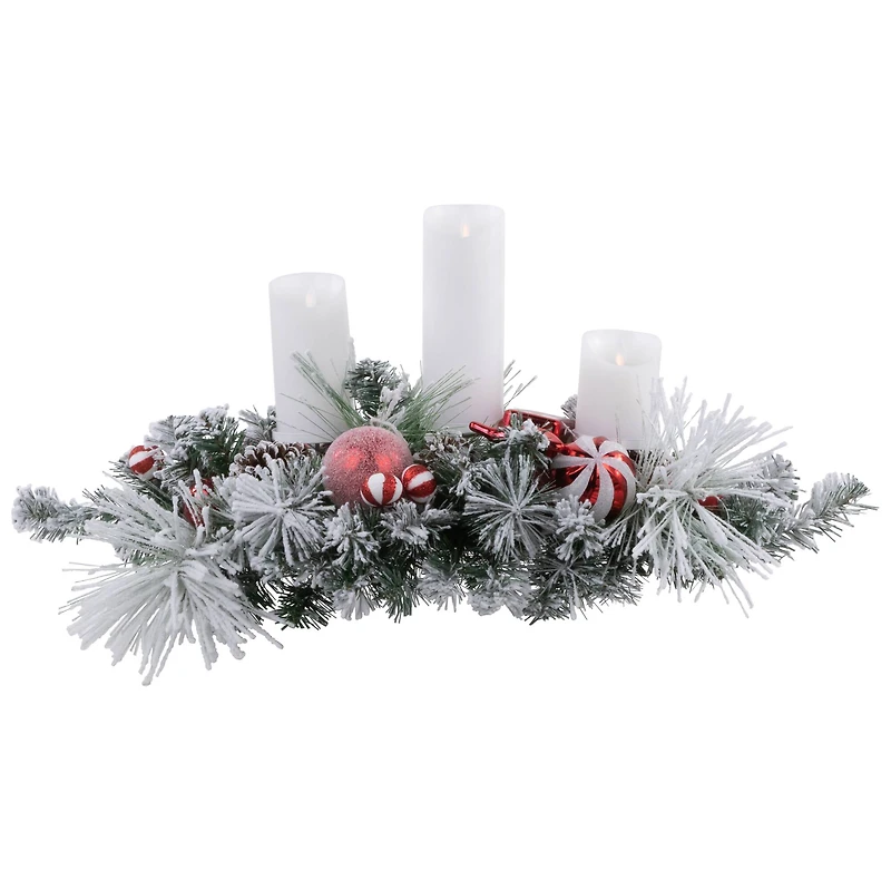 Triple Candle Holder with Flocked Pine and Christmas Ornaments - 32" - Red and White