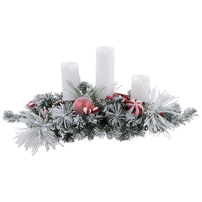 Triple Candle Holder with Flocked Pine and Christmas Ornaments - 32" - Red and White