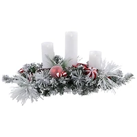 Triple Candle Holder with Flocked Pine and Christmas Ornaments - 32" - Red and White