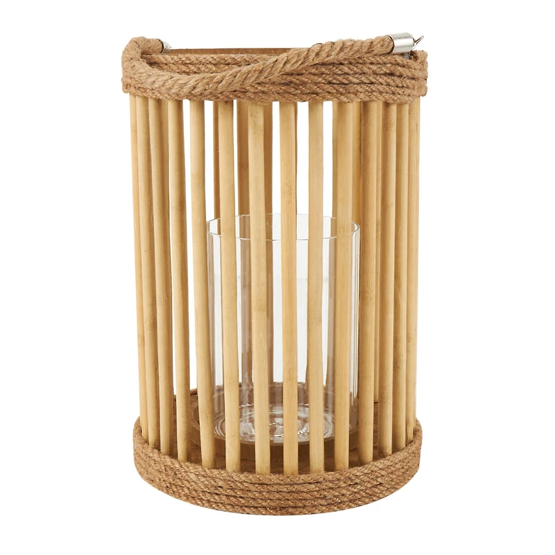 13" Brown Bamboo Handmade Open Framed Caged Candle Lantern with Rope Handle