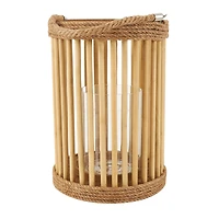 13" Brown Bamboo Handmade Open Framed Caged Candle Lantern with Rope Handle