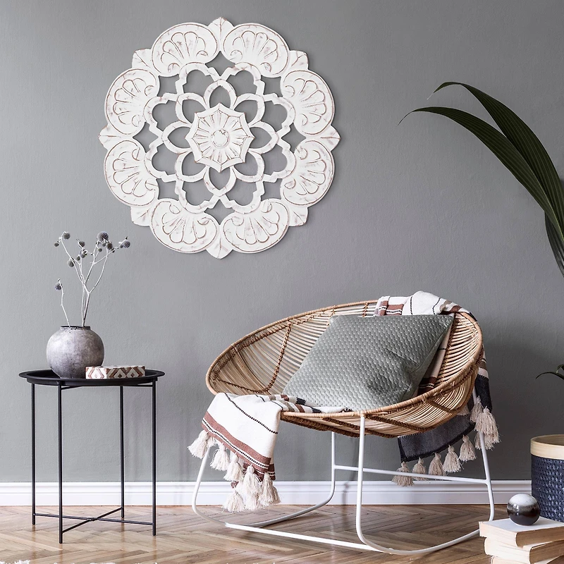 American Art Décor™ 24" Large White Traditional Hand-Carved India Wood Medallion