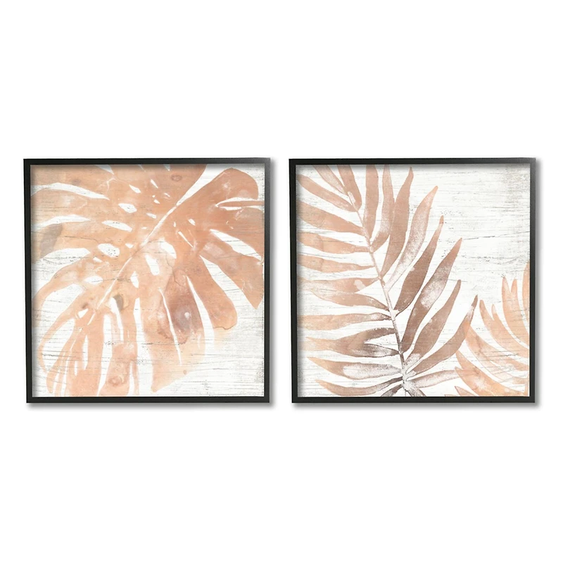 Stupell Industries Orange Palm Leaves over Rustic Distressed Pattern Framed Wall Art Set