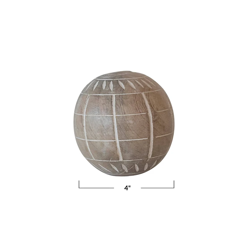 Hello Honey® 4" Beige Hand-Carved Mango Wood Ball Décor
