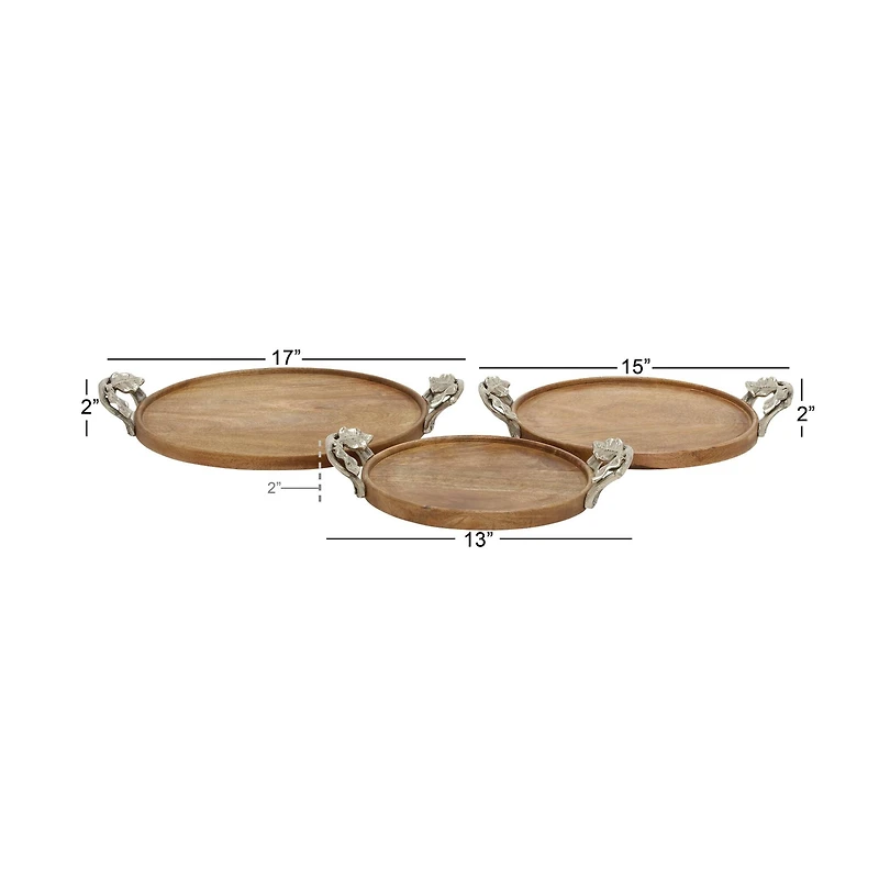 Brown Round Mango Wood Farmhouse Tray Set