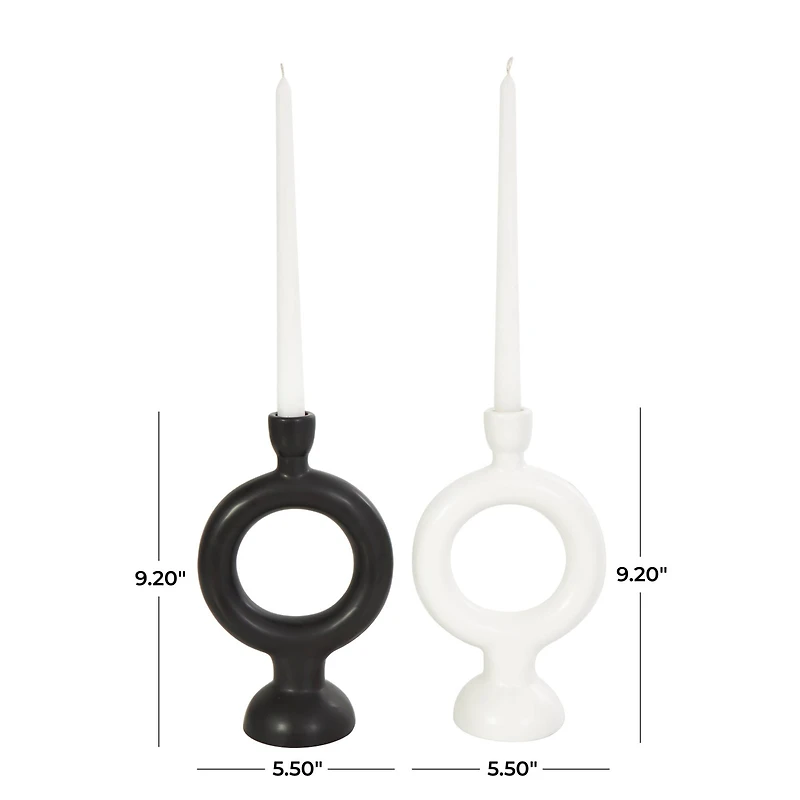 CosmoLiving by Cosmopolitan 9" Black & White Ceramic Geometric Ring Taper Candle Holder Set