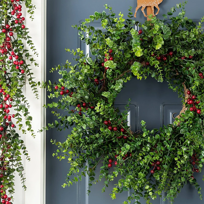 Glitzhome® 28"D Christmas Greenery PE Eucalyptus Wreath with Red Berries