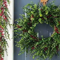 Glitzhome® 28"D Christmas Greenery PE Eucalyptus Wreath with Red Berries