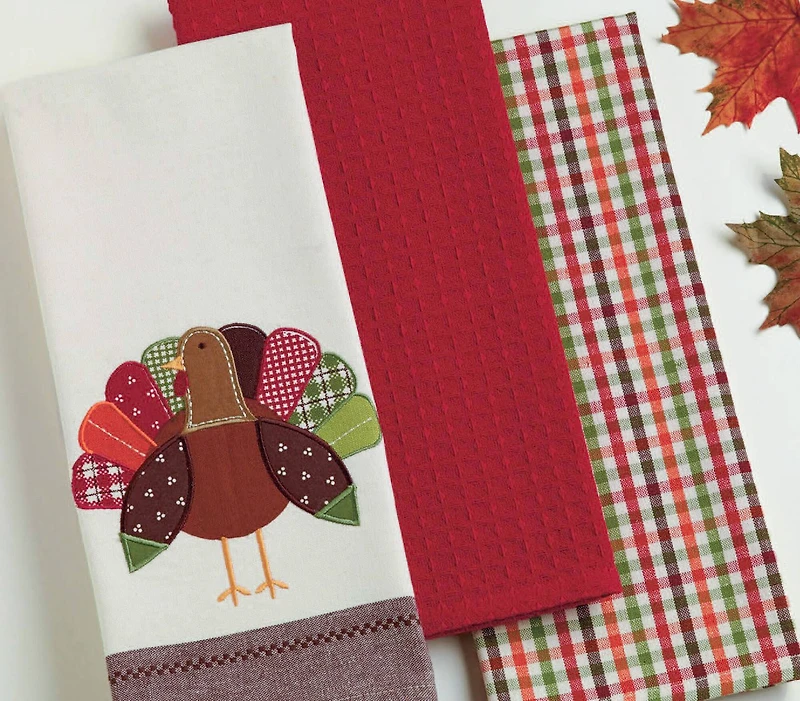 DII® Assorted Fall Turkey Embroidered Dishtowel Set