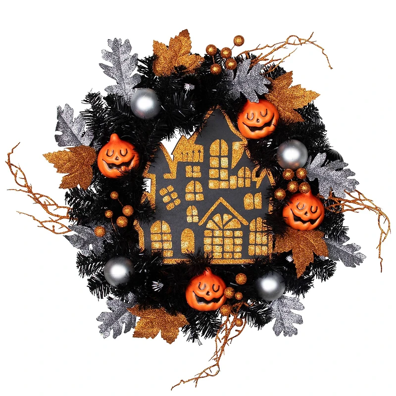24'' Unlit Orange and Black Haunted House Halloween Wreath