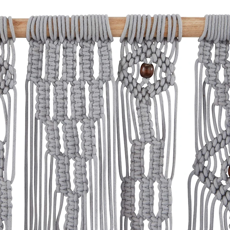 Gray Cotton Intricately Weaved Macrame Wall Decor with Beaded Fringe Tassels 27" x 1" x 36"