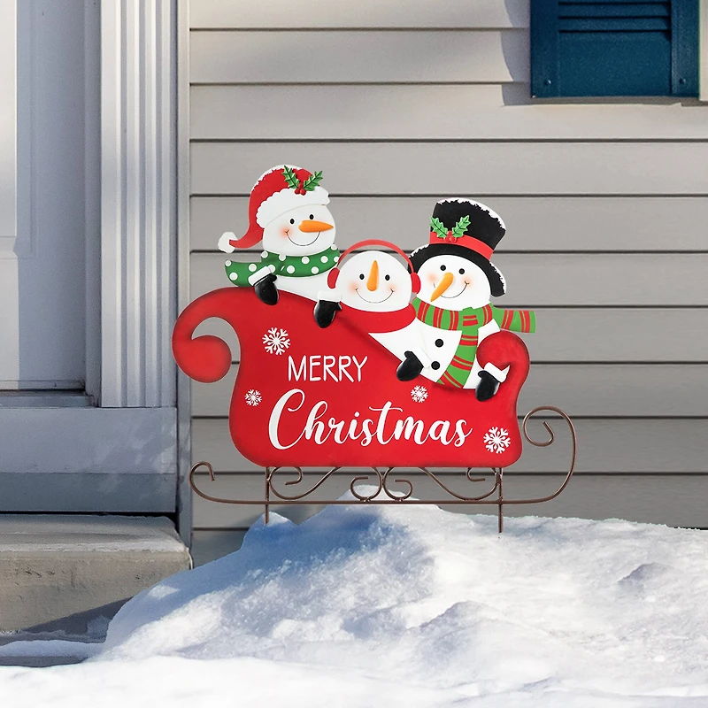 Glitzhome® 24" Metal Snowmen Riding Sleigh Yard Stake