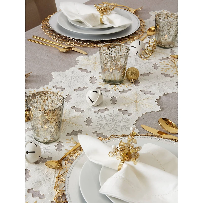DII® 54" White and Gold Embroidered Snowflakes Table Runner