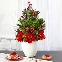 2.5ft. Poinsettia, Boxwood & Succulent Arrangement in White Vase