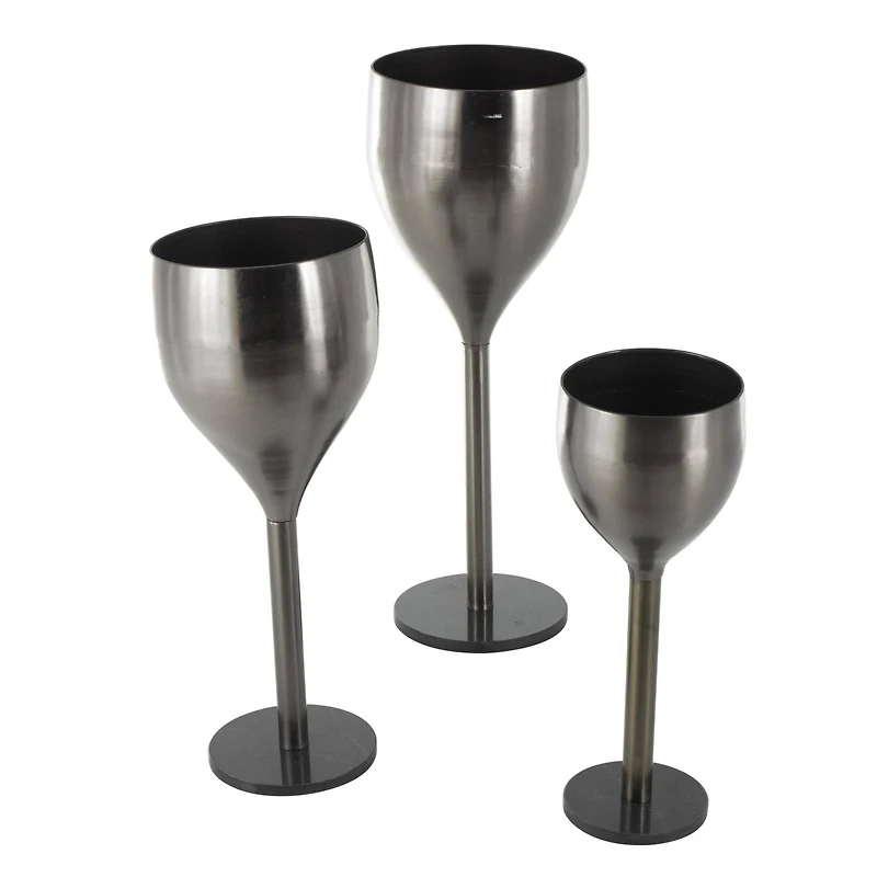 Silver Wine Glass Inspired Metal Planter Set