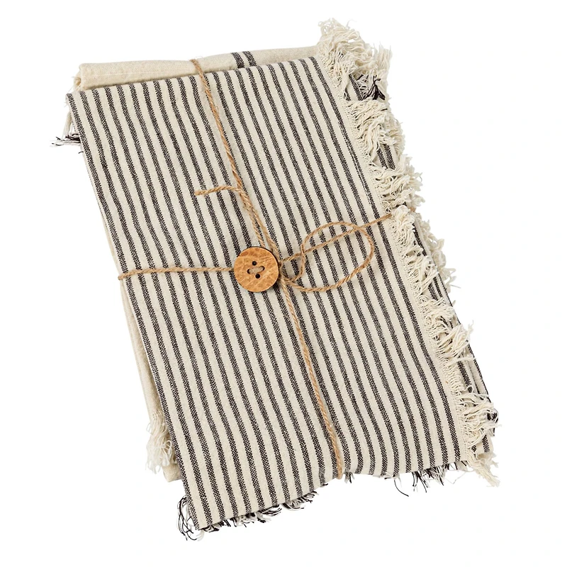Hello Honey® Natural & Black Stripes Woven Cotton Tea Towels with Fringe Set