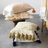 Mustard & Natural Palm Frond Pattern & Fringe Pillow