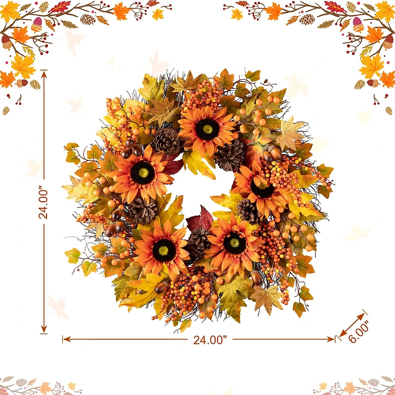 Glitzhome® 24" Fall Sunflower, Maple Leaf & Berry Wreath