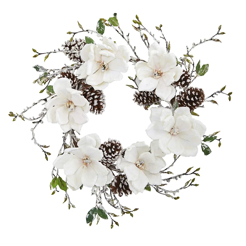 24" Snowed Magnolia & Pinecone Wreath
