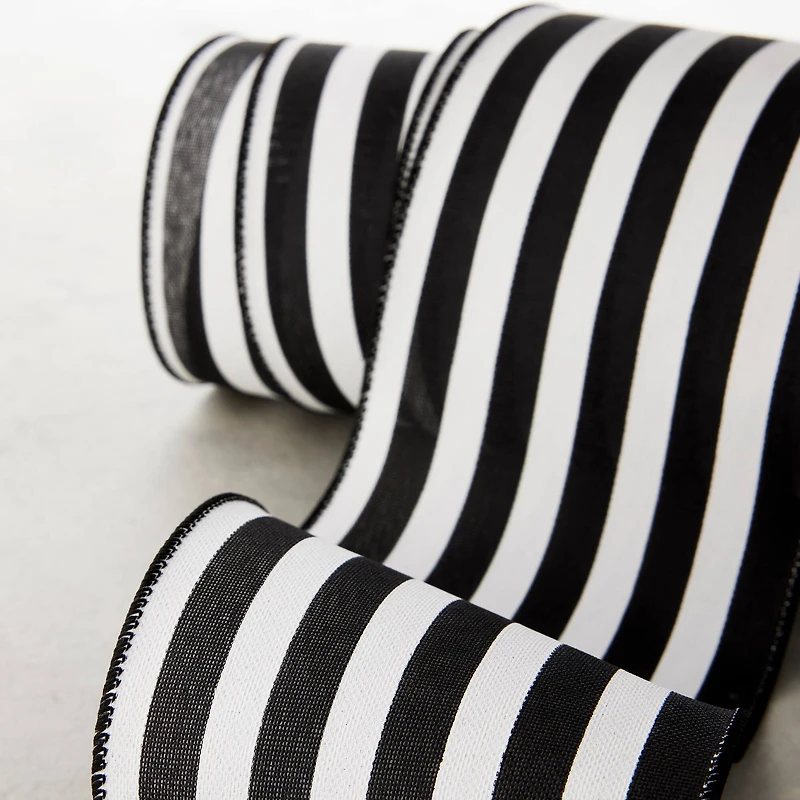 4" x 18ft. Faux Linen Wired Black & White Stripe Ribbon by Celebrate It™
