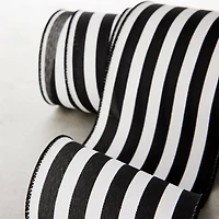 4" x 18ft. Faux Linen Wired Black & White Stripe Ribbon by Celebrate It™