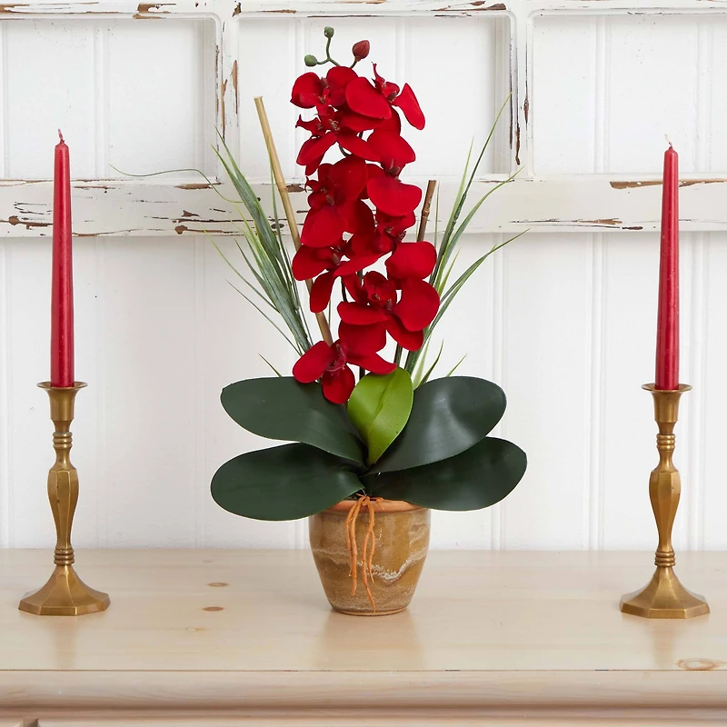 21" Red Orchid Silk Arrangement in Ceramic Vase