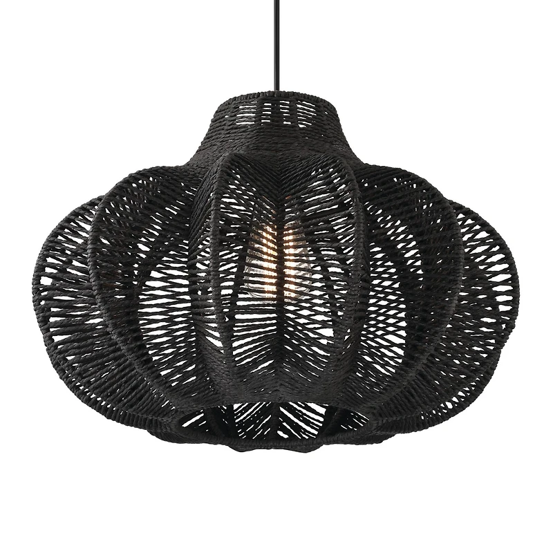 Hello Honey® 17.75" Black Boho Handwoven Paper Rope & Metal Ceiling Pendant Lamp