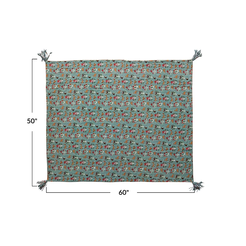 Hello Honey® 60" Flora & Fauna Hand-Woven Cotton Quilt with Stitch Edge & Tassels