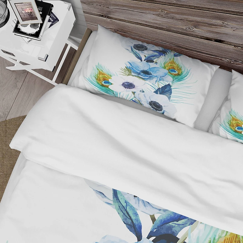 Designart 'Anemones And Peacock Feathers' Floral Bedding Set