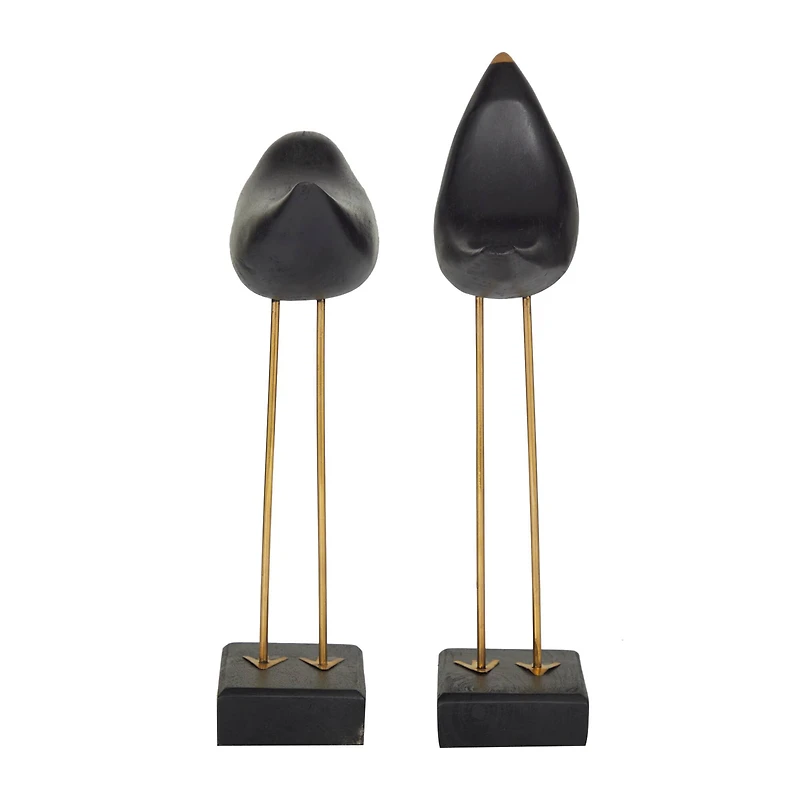 Black Wood Traditional Bird Sculpture, Set of 2" 13", 11"