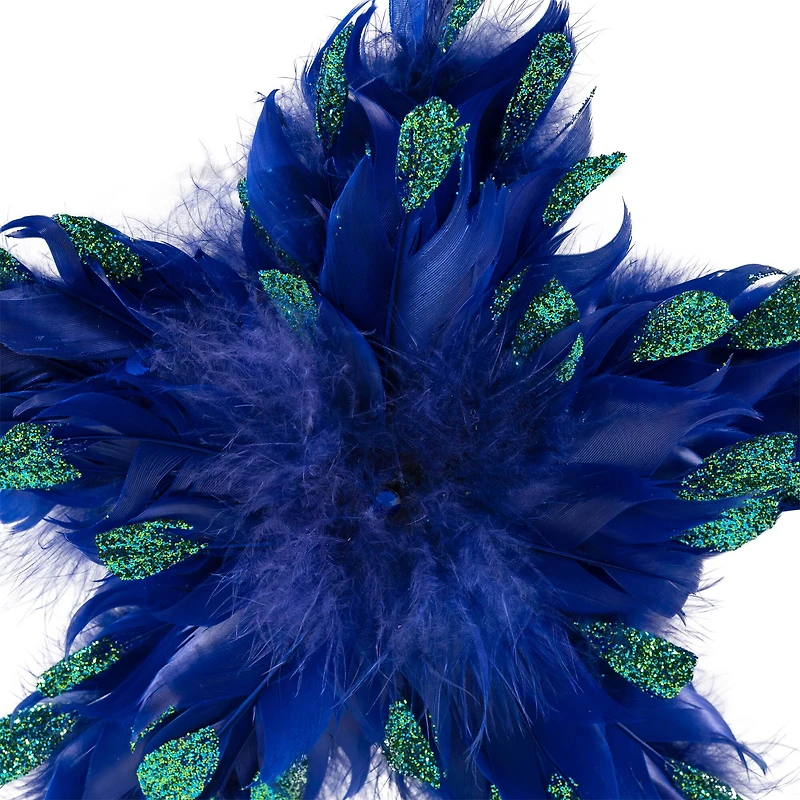 Plush Glittery Peacock Feather Star Shaped Christmas Ornament - 9" - Blue