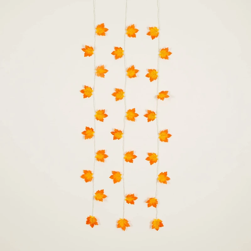 5ft. Pre-Lit Autumn Maple Leaf Artificial Fall Garland with 10 Warm White LED String Lights - Set of 3
