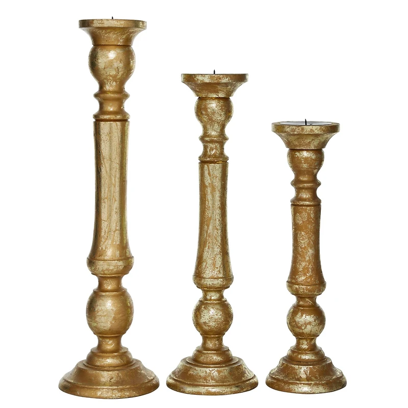 Gold Mango Wood Traditional Candle Holder Set