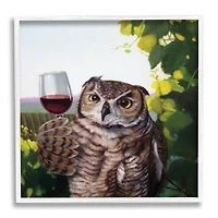 Stupell Industries Great Horned Owl Drinking Wine White Framed Wall Art
