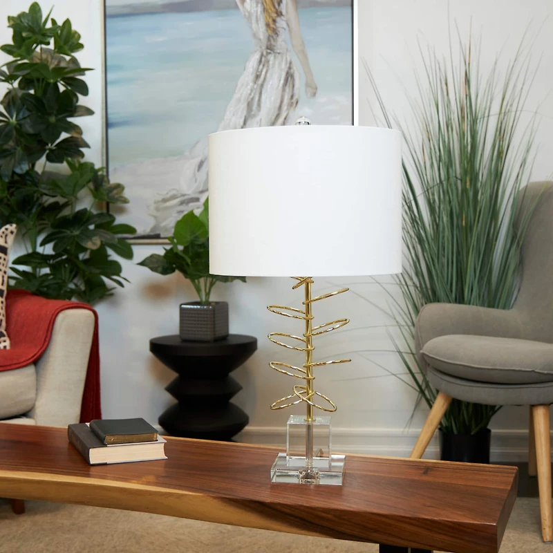 2ft. Gold Metal Abstract Overlapping Ring Accent Lamp with Elevated Square Glass Base