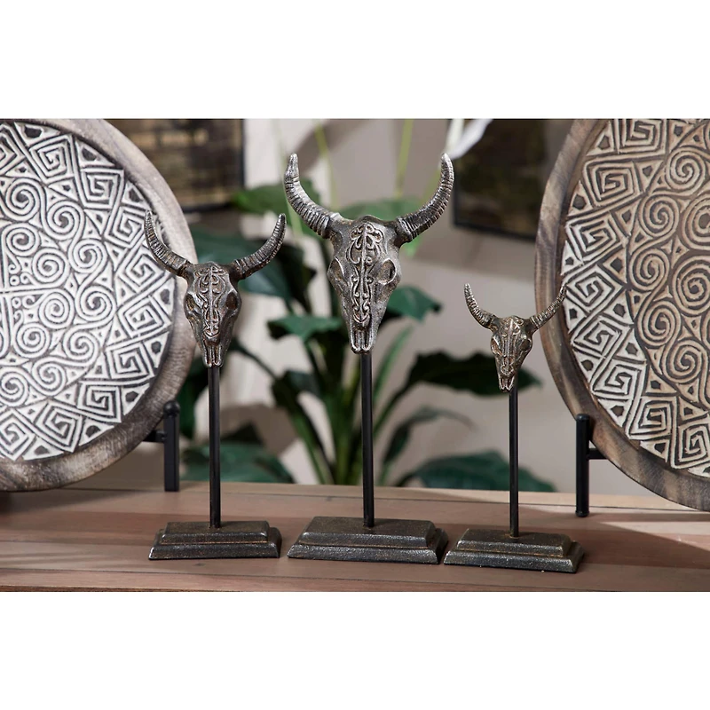 Set of 3 Grey Metal Eclectic Bull Sculpture, 15", 12", 10"