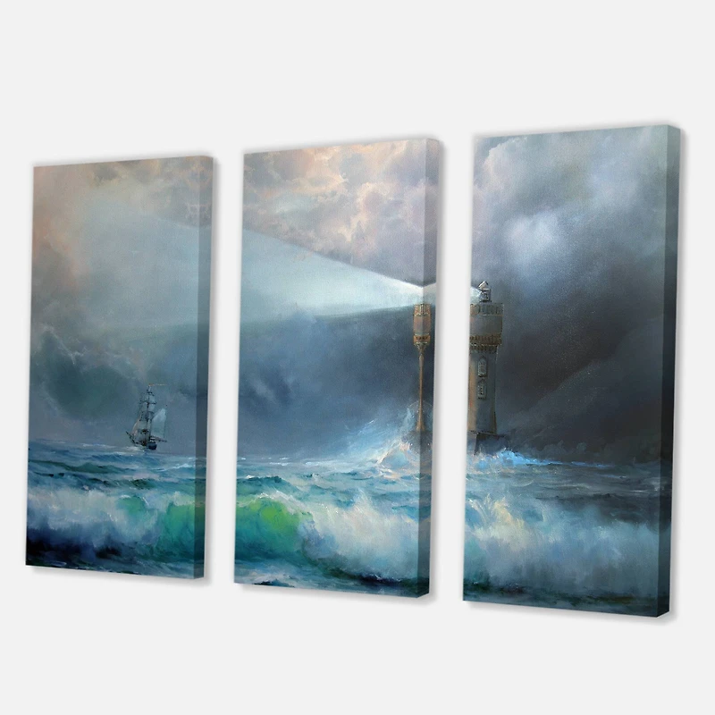 Designart - Lighthouse Shining Light During Stormy Night II