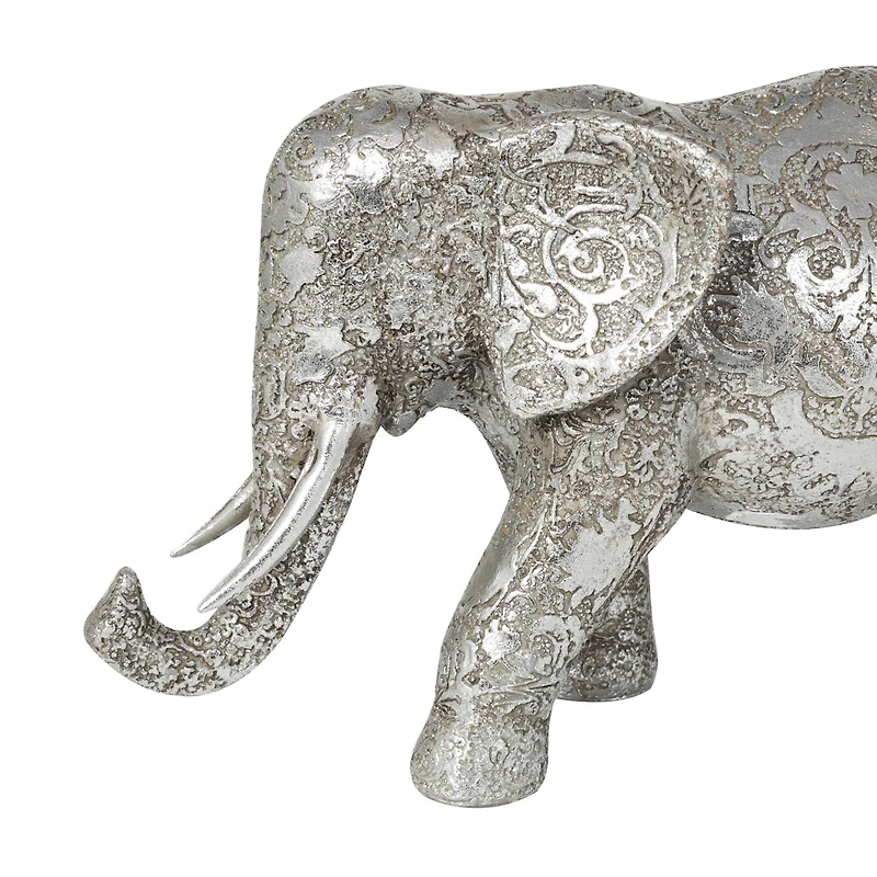 7" Silver Elephant Engraved Floral Sculpture